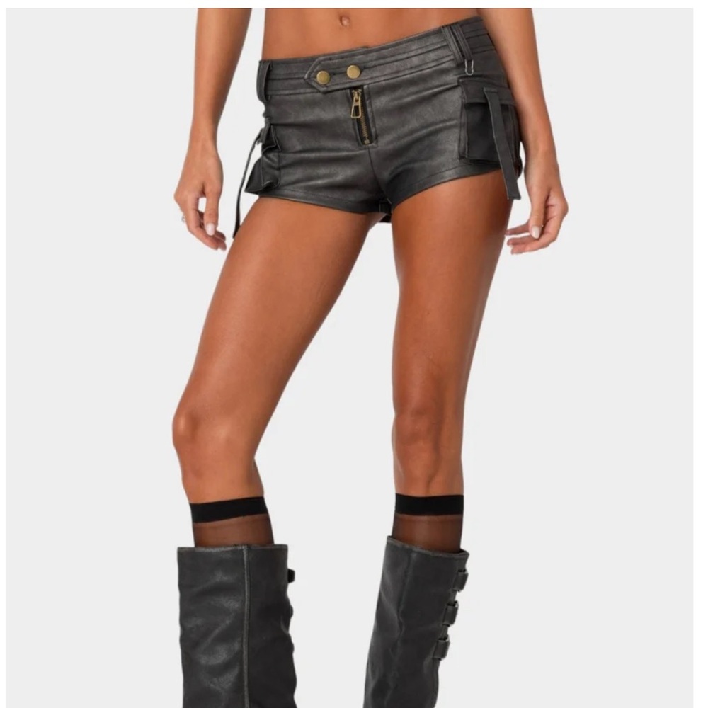 EDIKTED Washed Faux Leather Micro Cargo Shorts - Small